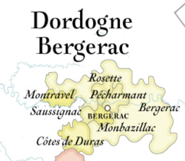 Carte des appellations viticoles Bergerac et Duras : Pécharmant, Monbazillac, Montravel, Côtes de Duras